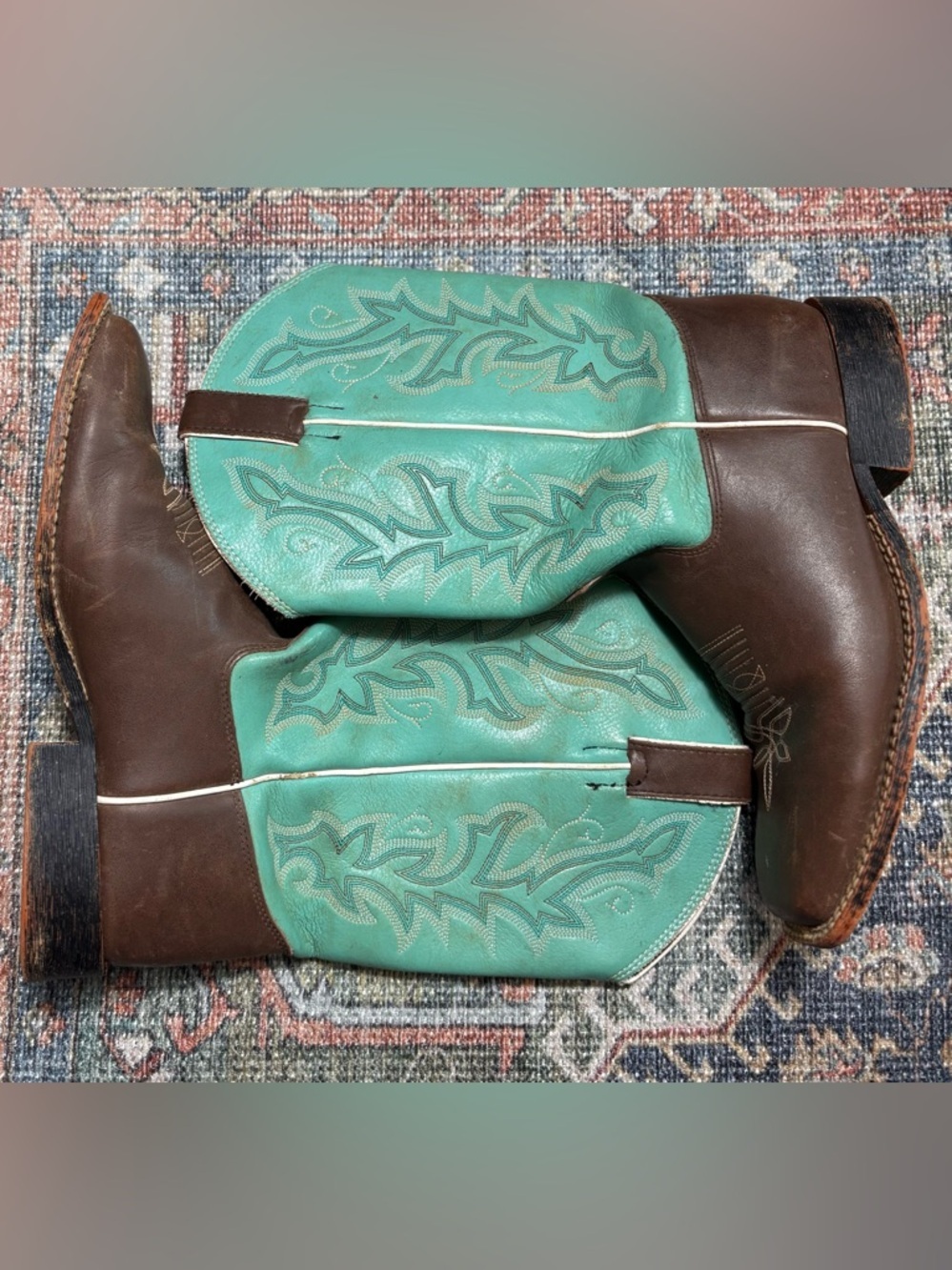 Justin Boots Kids Cowboy Boots Chocolate Burnished Seagreen-Turquoise Size 6D